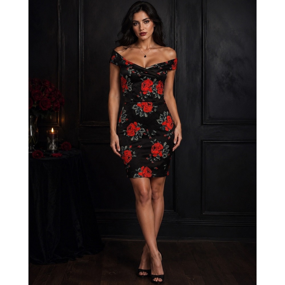 Charlotte Russe Bodycon Dress XS Black Red Floral Off Shoulder Rose Party Night